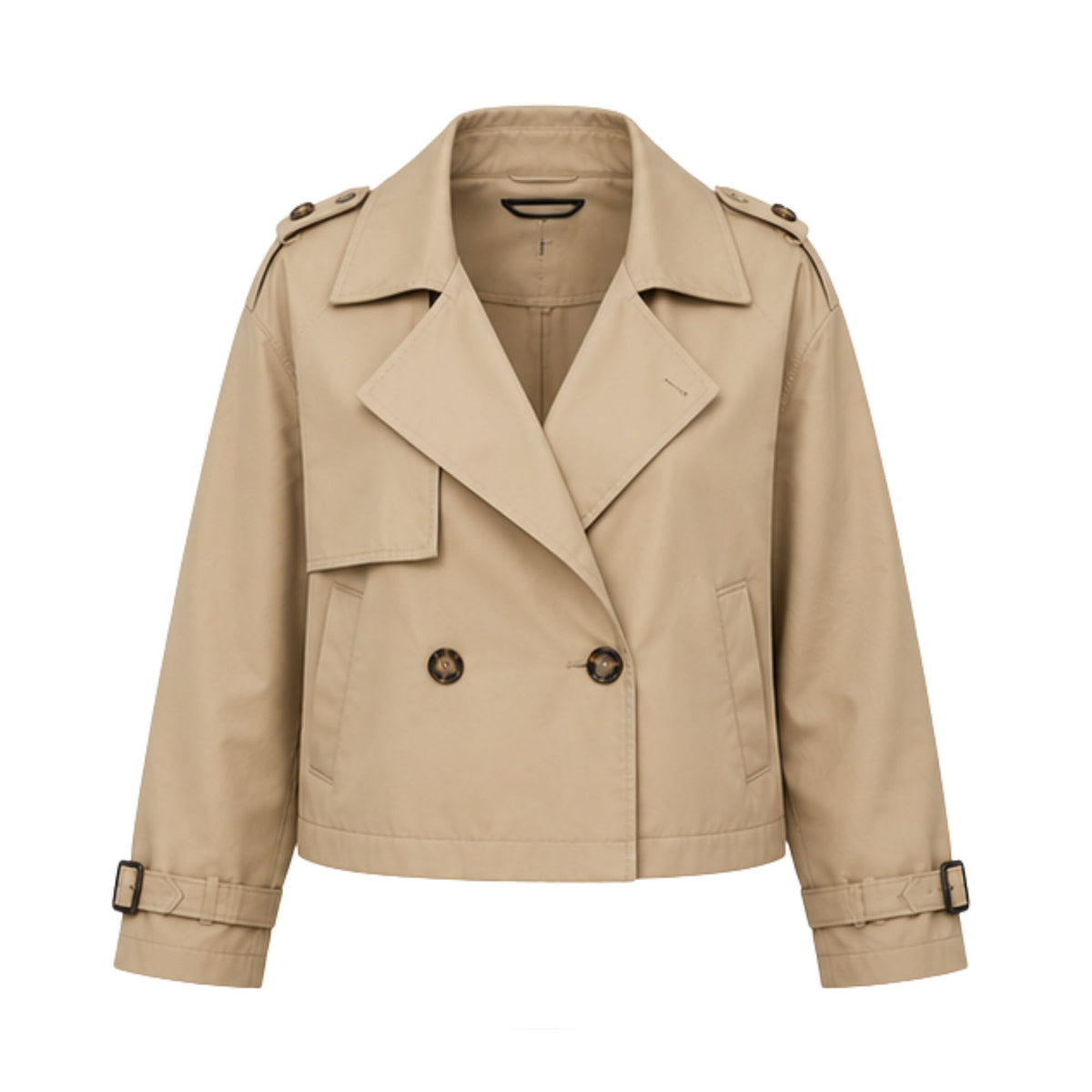 Women's Beige Double Breasted Short Trench Jacket with Belted Cuffs