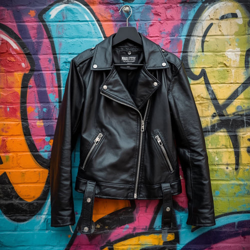 Women's Black Zip Front Moto Jacket with Notch Collar and Pocket Detail