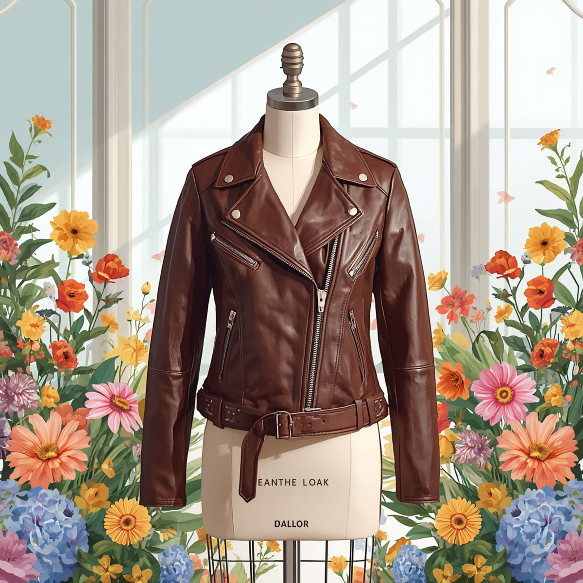 Women's Brown Zip Front Moto Jacket with Lapel Collar and Long Sleeves