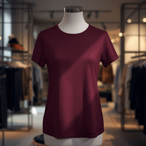 Women's Burgundy Loose Fit Short Sleeve Tee with Classic Neckline