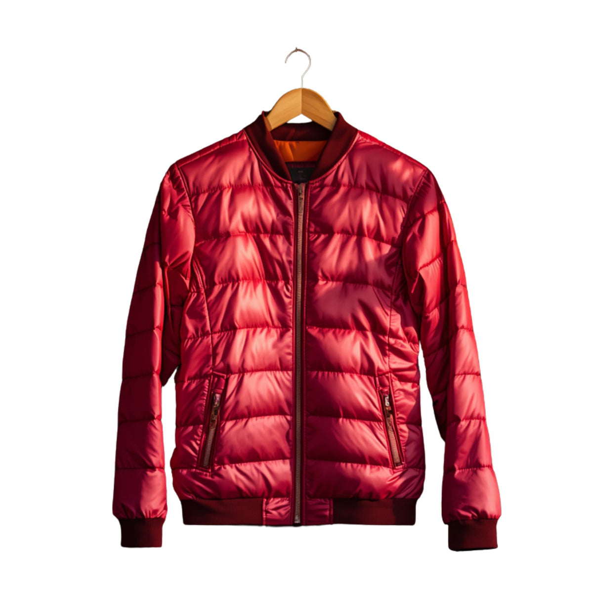 Women's Burgundy Quilted Puffer Jacket with Stand Collar and Zip Closure