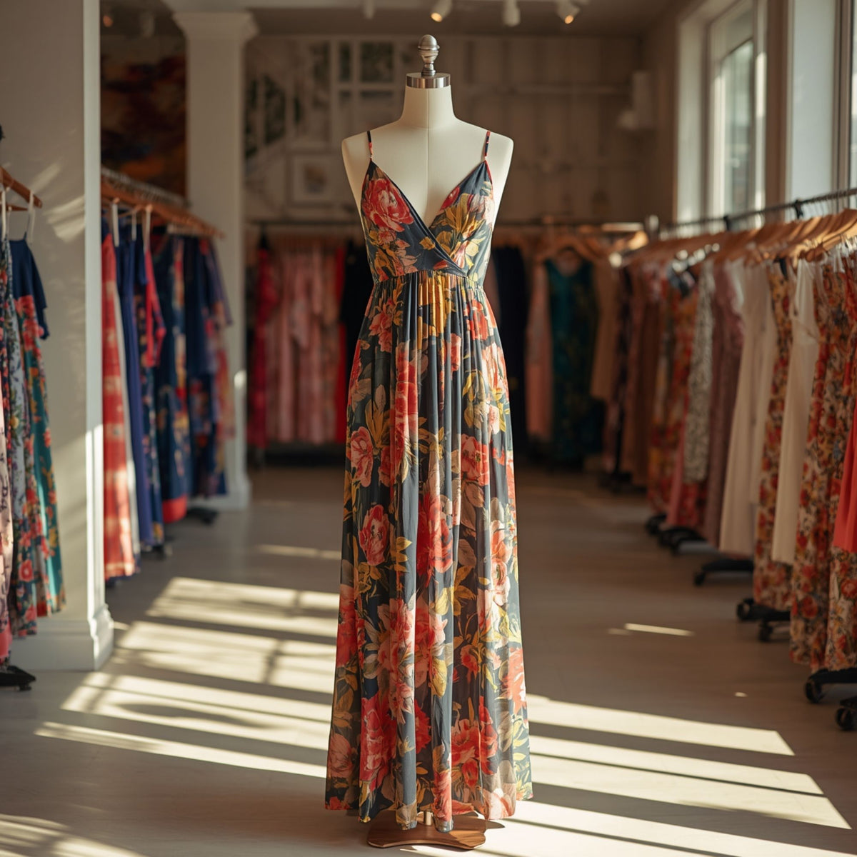 Women's Colorful Floral Sleeveless Maxi Dress with Long Flowing Skirt