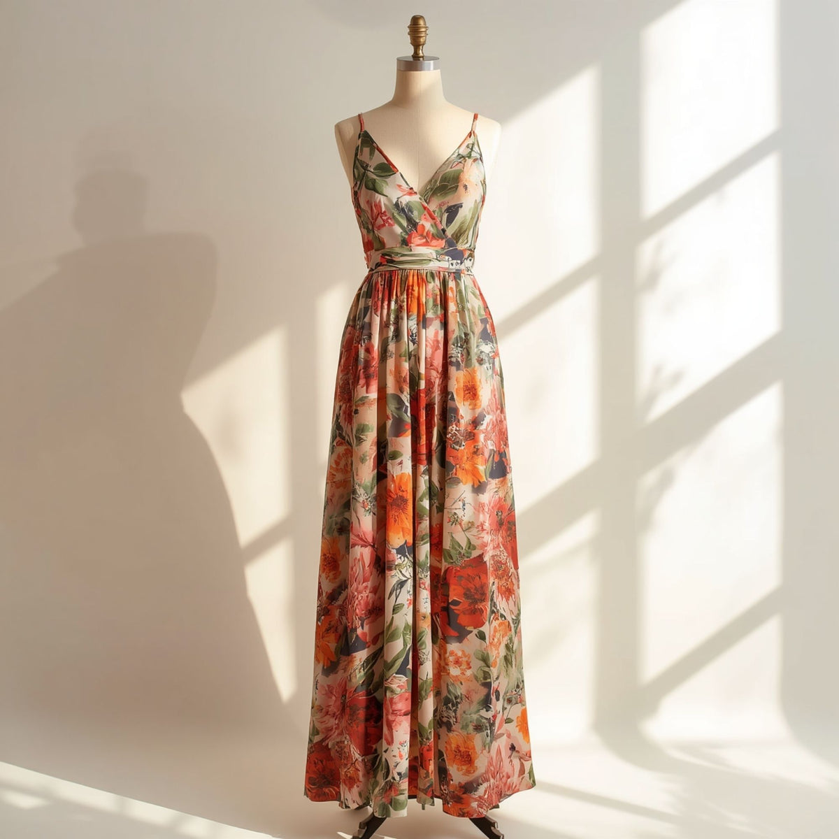 Women's Floral Print V Neck Maxi Dress with Sleeveless Summer Design