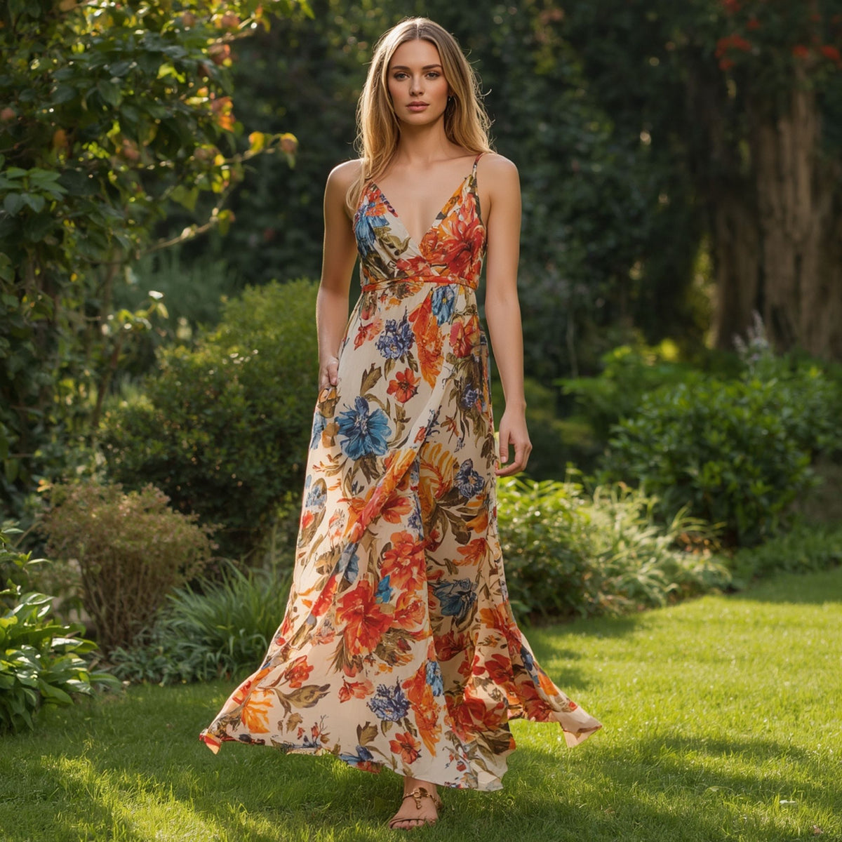 Women's Garden Floral Print V Neck Maxi Dress with Lightweight Fabric