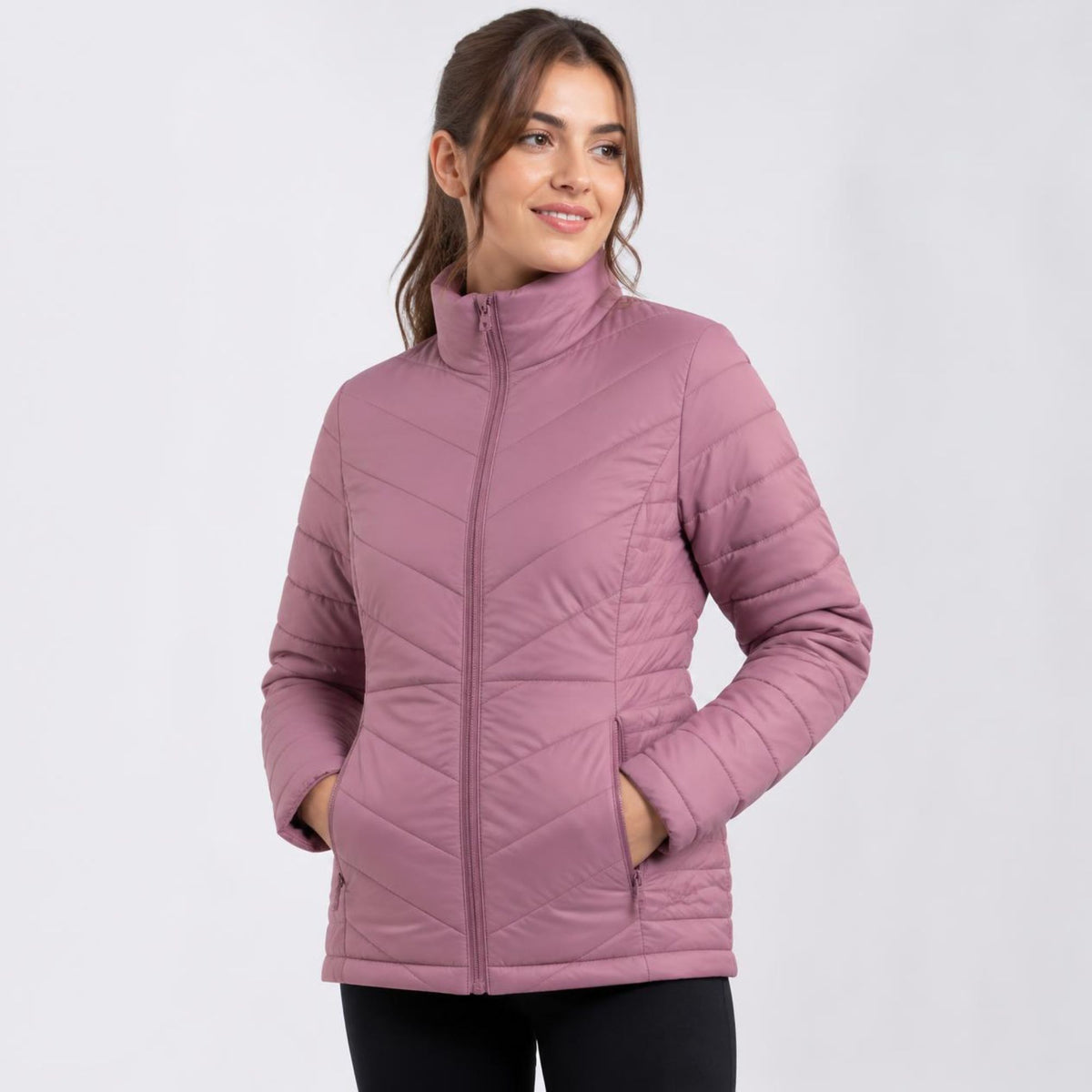 Women's Mauve Quilted Jacket with High Collar and Front Pockets