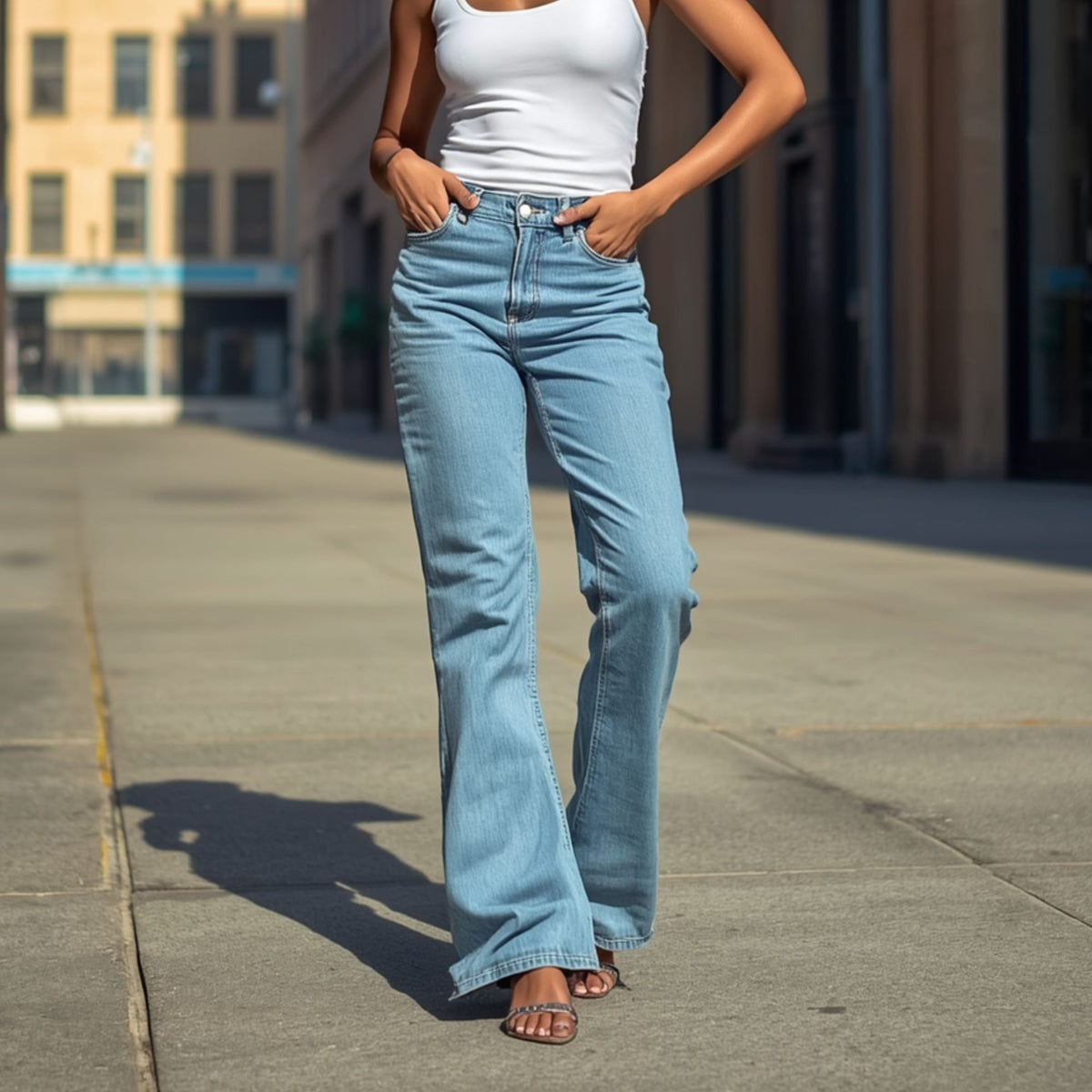 Women's Mid Rise Flare Leg Denim Jeans with Soft Blue Wash