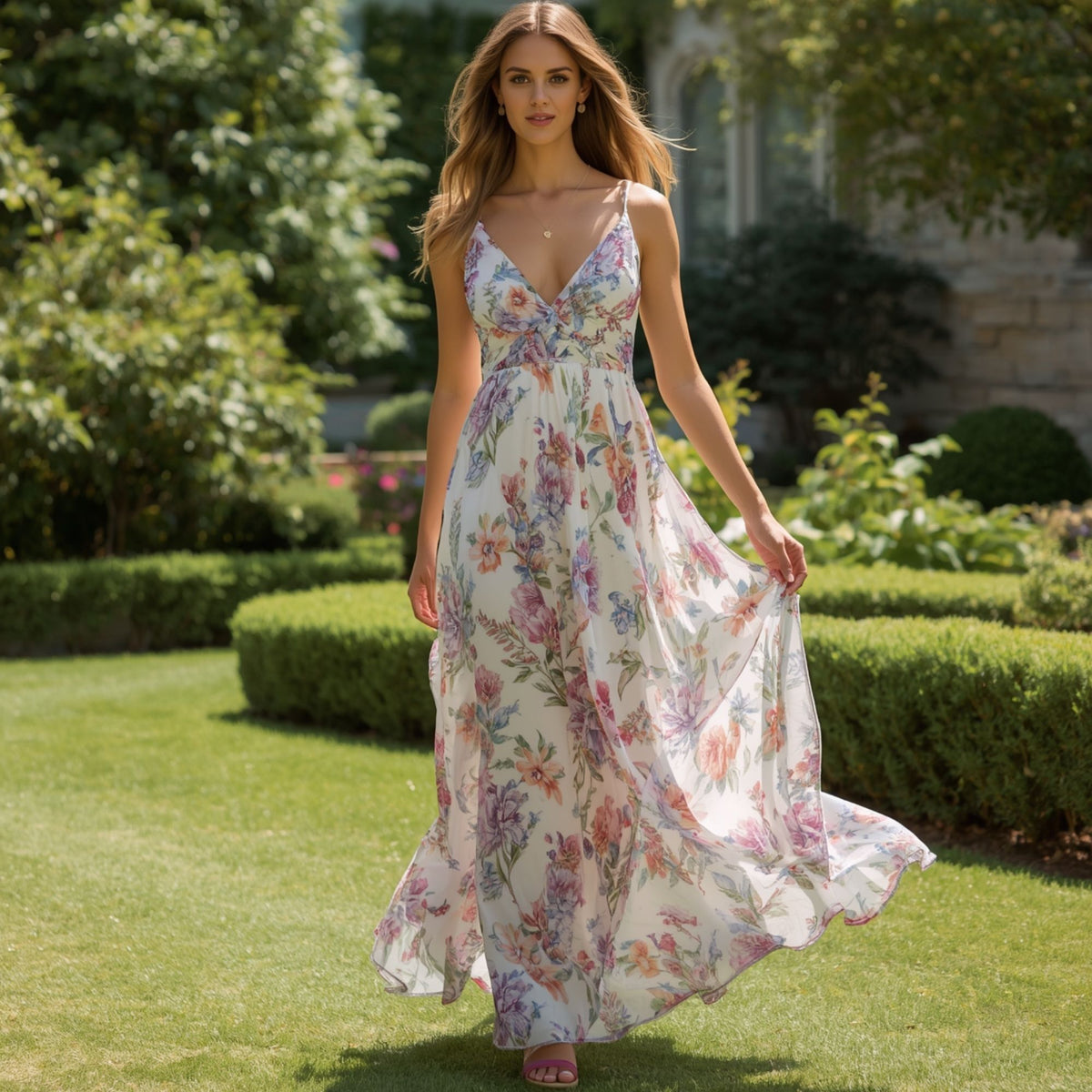 Women's Pastel Floral Maxi Dress with V Neck Long Length Design