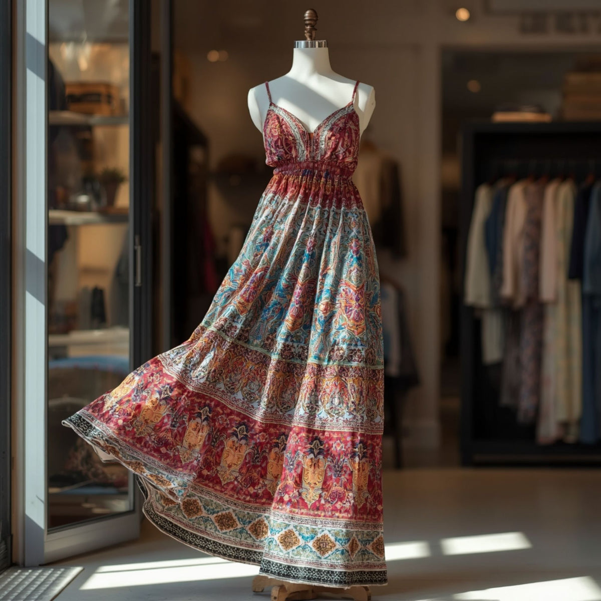 Women's Printed Sleeveless Maxi Dress with Decorative Border Detail