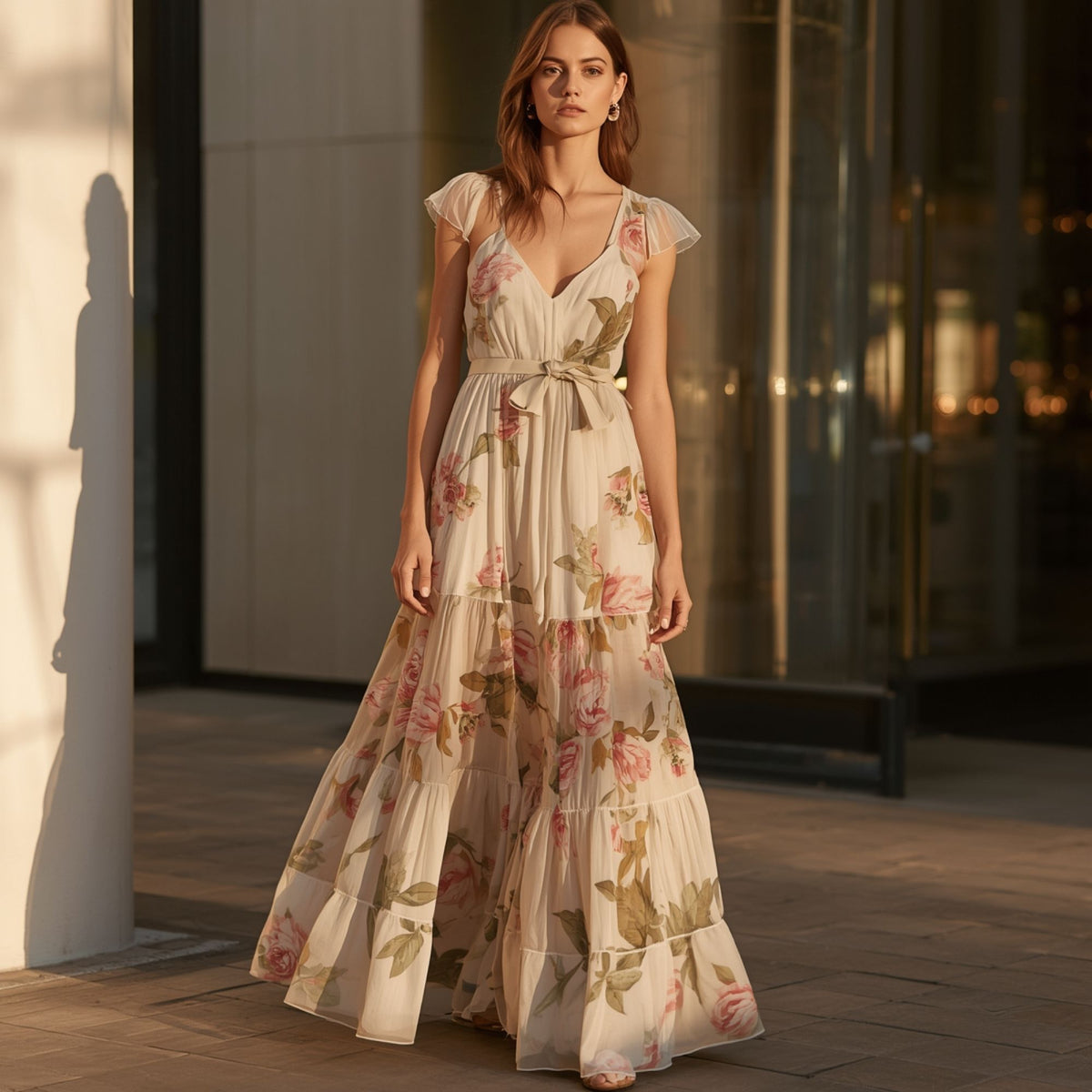 Women's Soft Floral Maxi Dress with Short Sleeve Casual Elegant Style
