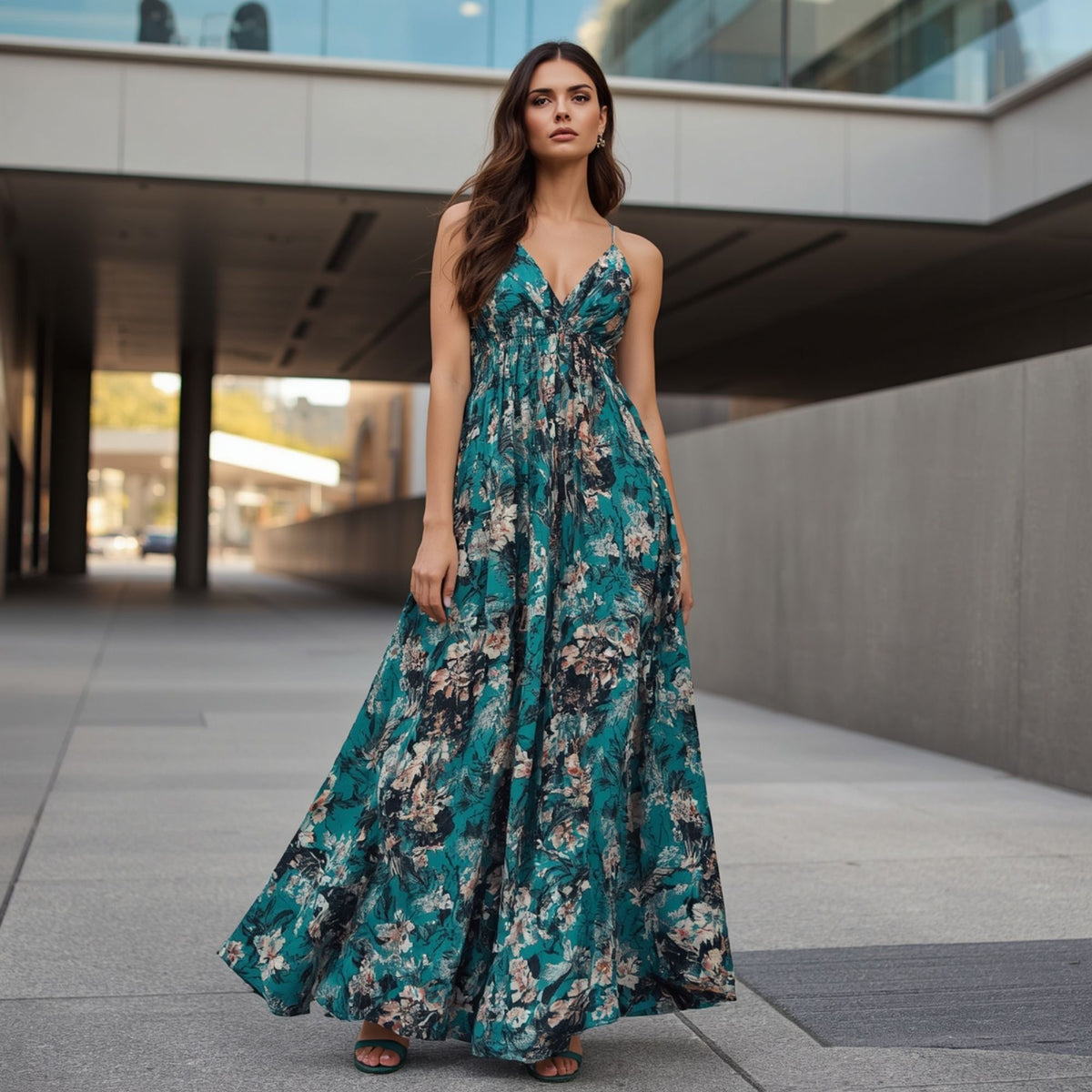 Women's Teal Floral Sleeveless Maxi Dress with Full Length Design